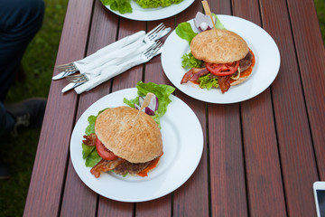 A close-up of tasty- look hamburger.