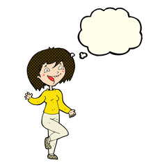 cartoon laughing woman with thought bubble
