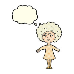 cartoon bitter old woman with thought bubble