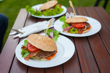 A close-up of tasty- look hamburger.
