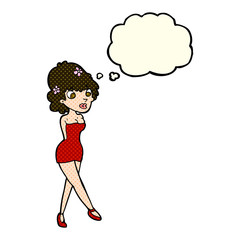 cartoon woman posing in dress with thought bubble