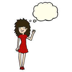 cartoon happy woman waving with thought bubble