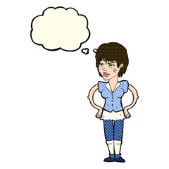 cartoon tough woman with hands on hips with thought bubble