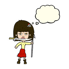 cartoon woman with knife and harpoon with thought bubble