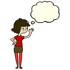 cartoon friendly girl waving with thought bubble