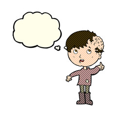 cartoon boy with growth on head with thought bubble