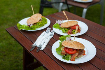 A close-up of tasty- look hamburger. 