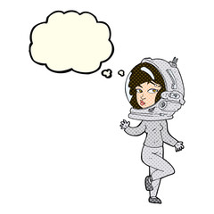 cartoon woman wearing space helmet with thought bubble