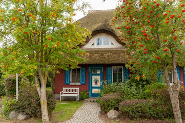 Haus mit Reet gedeckt und handbemalter Tür an der Ostsee