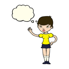 cartoon woman waving with thought bubble