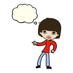 cartoon woman pointing with thought bubble