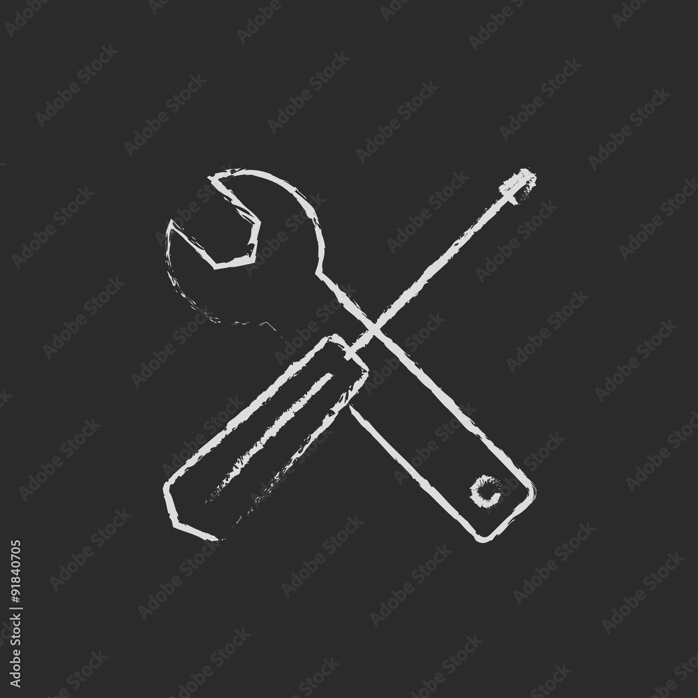 Canvas Prints screwdriver and wrench tools icon drawn in chalk.