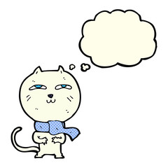 cartoon funny cat wearing scarf with thought bubble
