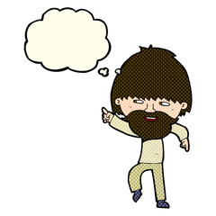 cartoon bearded man pointing and laughing with thought bubble