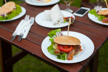 A close-up of tasty- look hamburger. 
