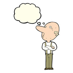 cartoon old man with folded arms with thought bubble