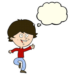 cartoon happy waving boy with thought bubble