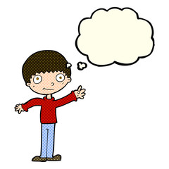 Obraz premium cartoon happy waving boy with thought bubble