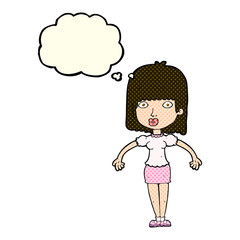 cartoon woman shrugging shoulders with thought bubble