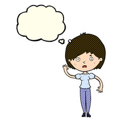 cartoon waving woman with thought bubble