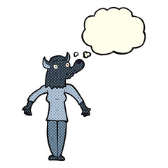 cartoon werewolf woman with thought bubble