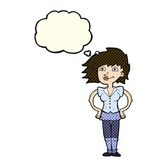 cartoon woman with hands on hips with thought bubble