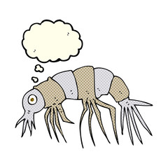 cartoon shrimp with thought bubble