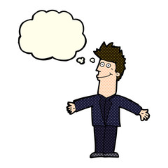 cartoon happy man with thought bubble