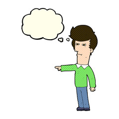 cartoon man blaming with thought bubble