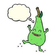 cartoon happy dancing pear with thought bubble