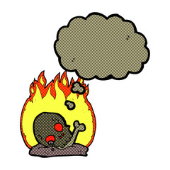 cartoon burning old bones with thought bubble