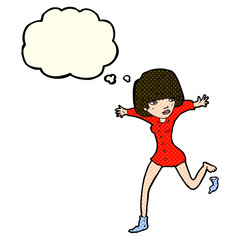 cartoon woman kicking off sock with thought bubble