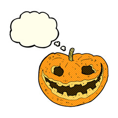 cartoon spooky pumpkin with thought bubble