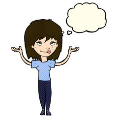 cartoon woman shrugging with thought bubble