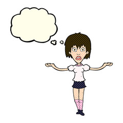 cartoon woman shrugging shoulders with thought bubble