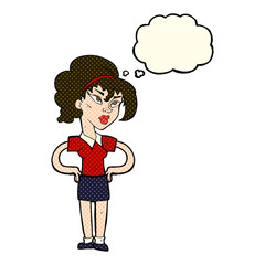 cartoon woman with hands on hips with thought bubble