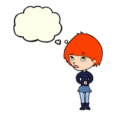 cartoon nervous woman with thought bubble