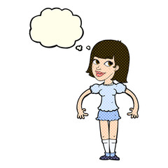 cartoon woman shrugging shoulders with thought bubble
