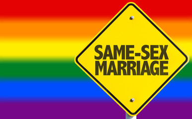 Same-Sex Marriage sign with rainbow flag on background