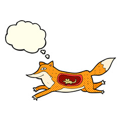 cartoon fox with mouse in belly with thought bubble