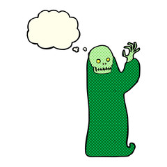 cartoon waving halloween ghoul with thought bubble