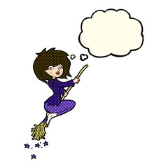 cartoon witch riding broomstick with thought bubble