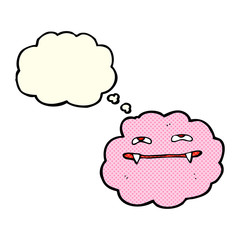 cartoon pink fluffy vampire cloud with thought bubble