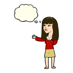 cartoon woman gesturing to show something with thought bubble