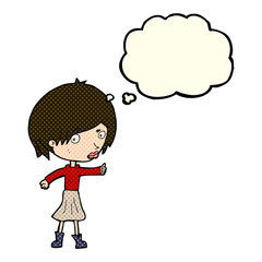 cartoon woman raising eyebrow with thought bubble