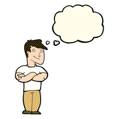 cartoon muscular man with thought bubble