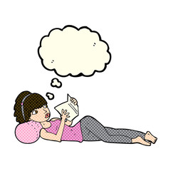 cartoon pretty woman reading book with thought bubble