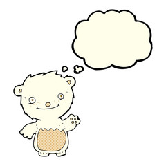 cartoon waving polar bear cub with thought bubble