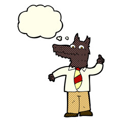 cartoon business wolf with idea with thought bubble