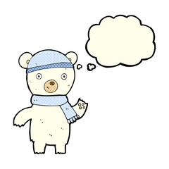 cartoon waving polar bear with thought bubble